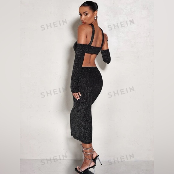 Midi bodycon cut out dress, black glitter. - Picture 2 of 3